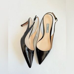 Prada Black Saffiano Patent Leather Pointed toe Slingback pumps EU 38